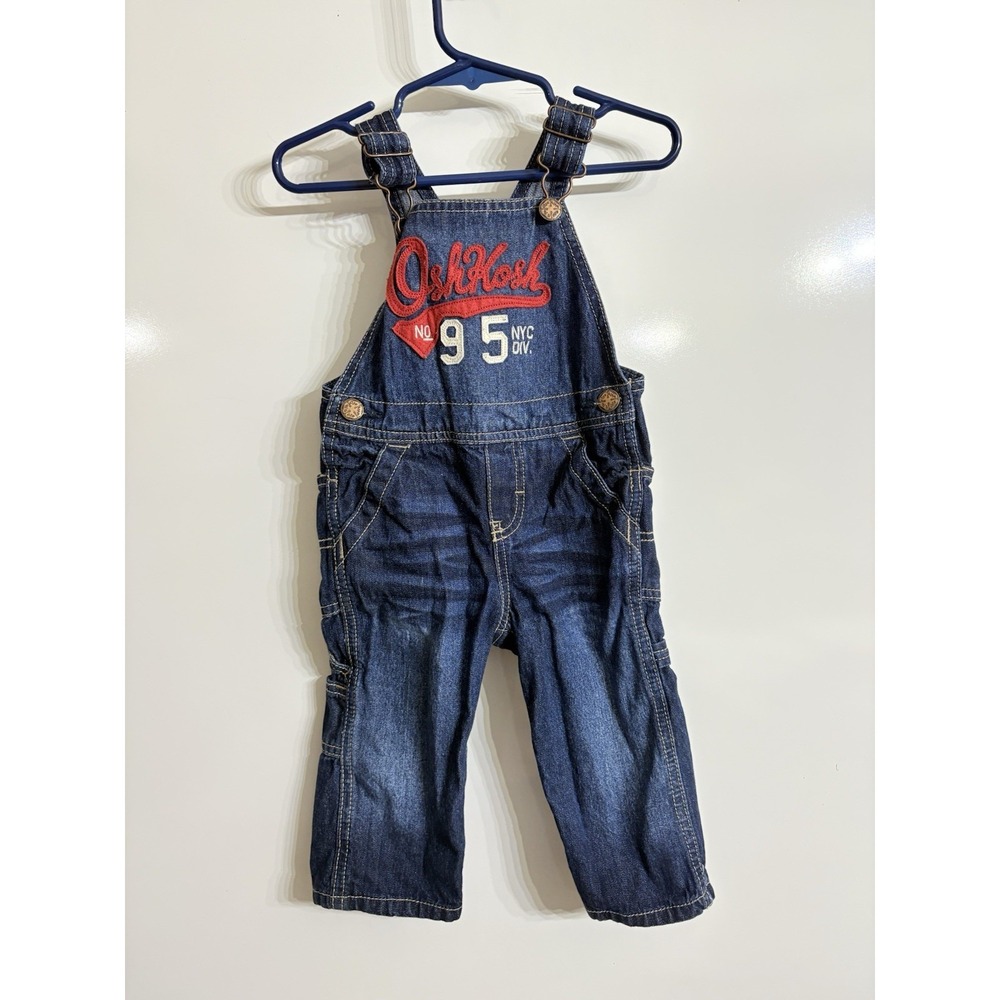 Oshkosh B'Gosh 12M Baby‎ Boy Blue Denim Overalls Red White Logo